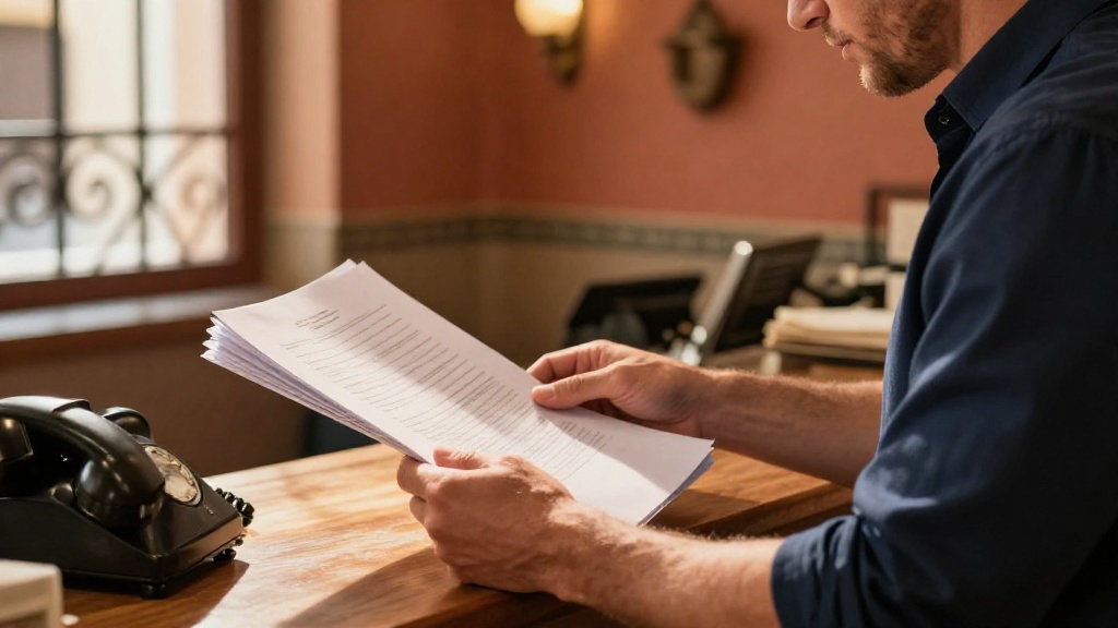 Мужчина в locutorio в Аликанте работает с документами при теплом средиземноморском свете
