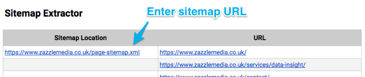 Затем введите URL-адрес вашей карты сайта на вкладке «Sitemap Extractor» в столбце «Местоположение Sitemap»