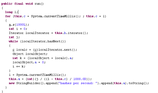 Краткий анализ этого JAR-файла показывает код, который вычисляет количество времени, необходимое для любого посещения веб-клиента для майнинга биткойнов, как показано в следующем фрагменте кода: