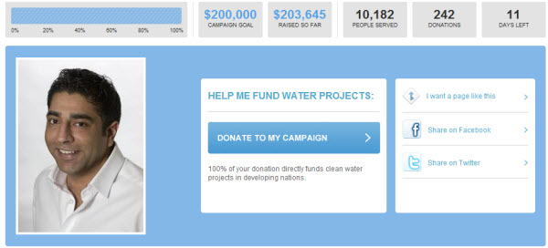 В середине 2010 года веб-мастер по имени Шак подключился к своим друзьям и собрал 200 000 долларов на благотворительную воду, создав кампанию с использованием бесплатных инструментов на своем веб-сайте