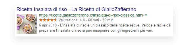 Например, если мы проанализируем страницу GialloZafferano, посвященную рисовому салату, это результат инструмента тестирования Google, а ниже - результат SERP в форме богатых фрагментов